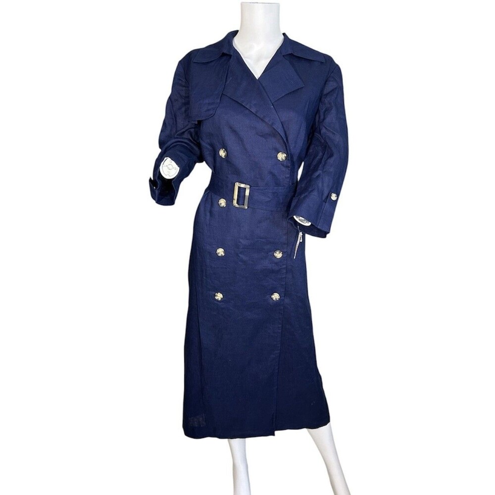 VTG Talbots Womens Size 12 Navy Blue 100% Linen Coat Dress Double Breasted NWT